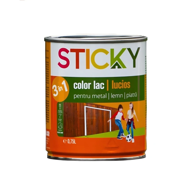 STICKY-COLOR, Lac alchidic lucios 3 in 1 COLORAT pentru lemn, metal şi piatră